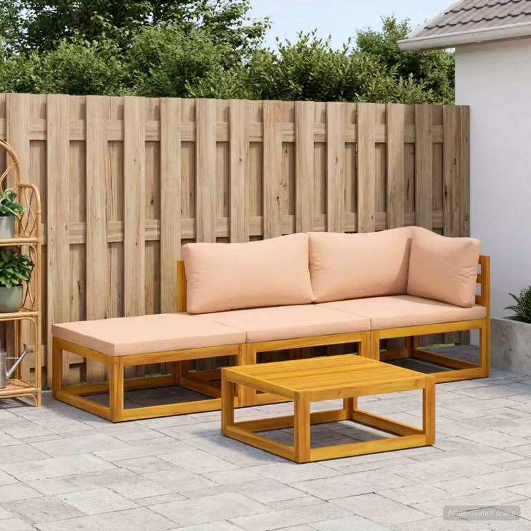 Set di divani da giardino vidaXL in legno di acacia massello con cuscini beige e tavolo da esterno, composizione a L con 4 pezzi