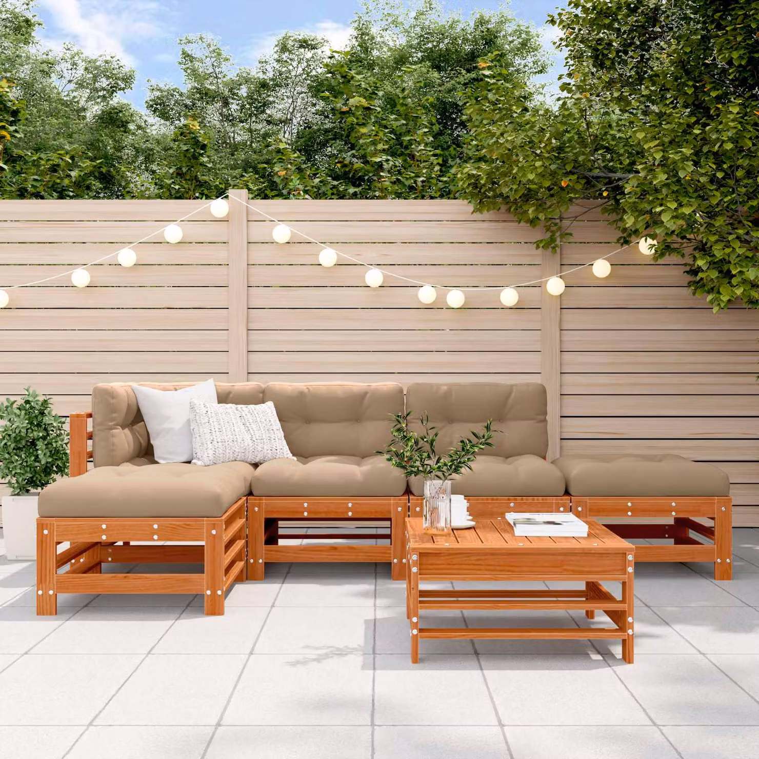 Set Lounge da Giardino vidaXL in Legno di Pino Cerato Marrone con Divano Angolare, Tavolino e Pouf con Cuscini inclusi