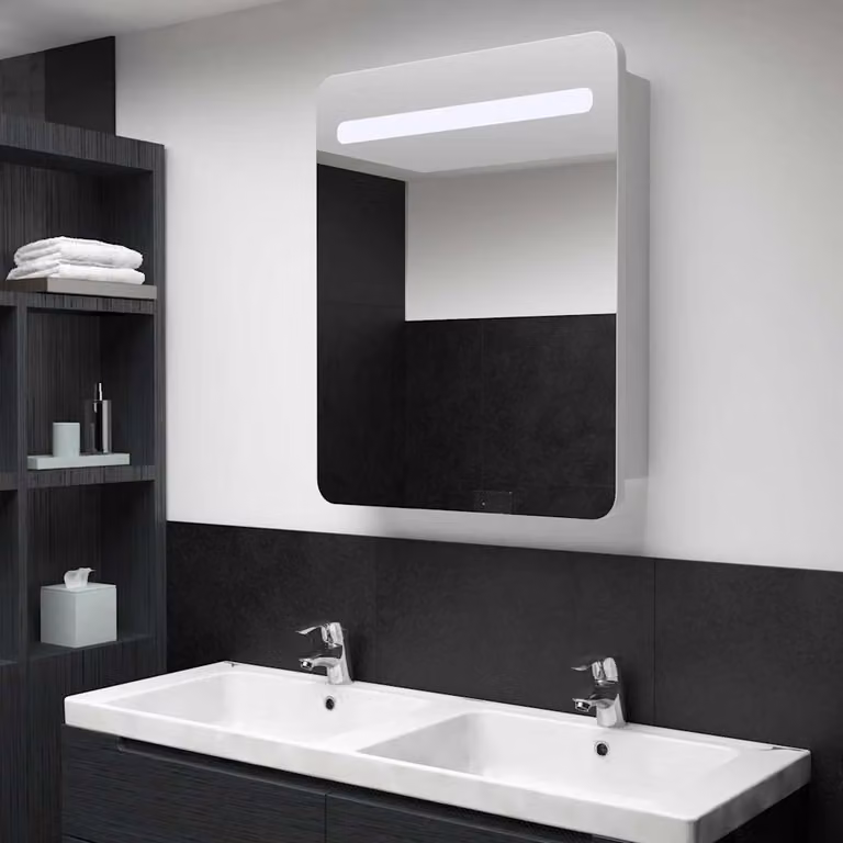 Armadietto da bagno con specchio e illuminazione LED vidaXL, bianco e argento, L: 60 cm, P: 11 cm, H: 80 cm