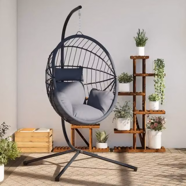 Sedia a Uovo Sospesa con Supporto Grigio in Rattan e Acciaio 4007407