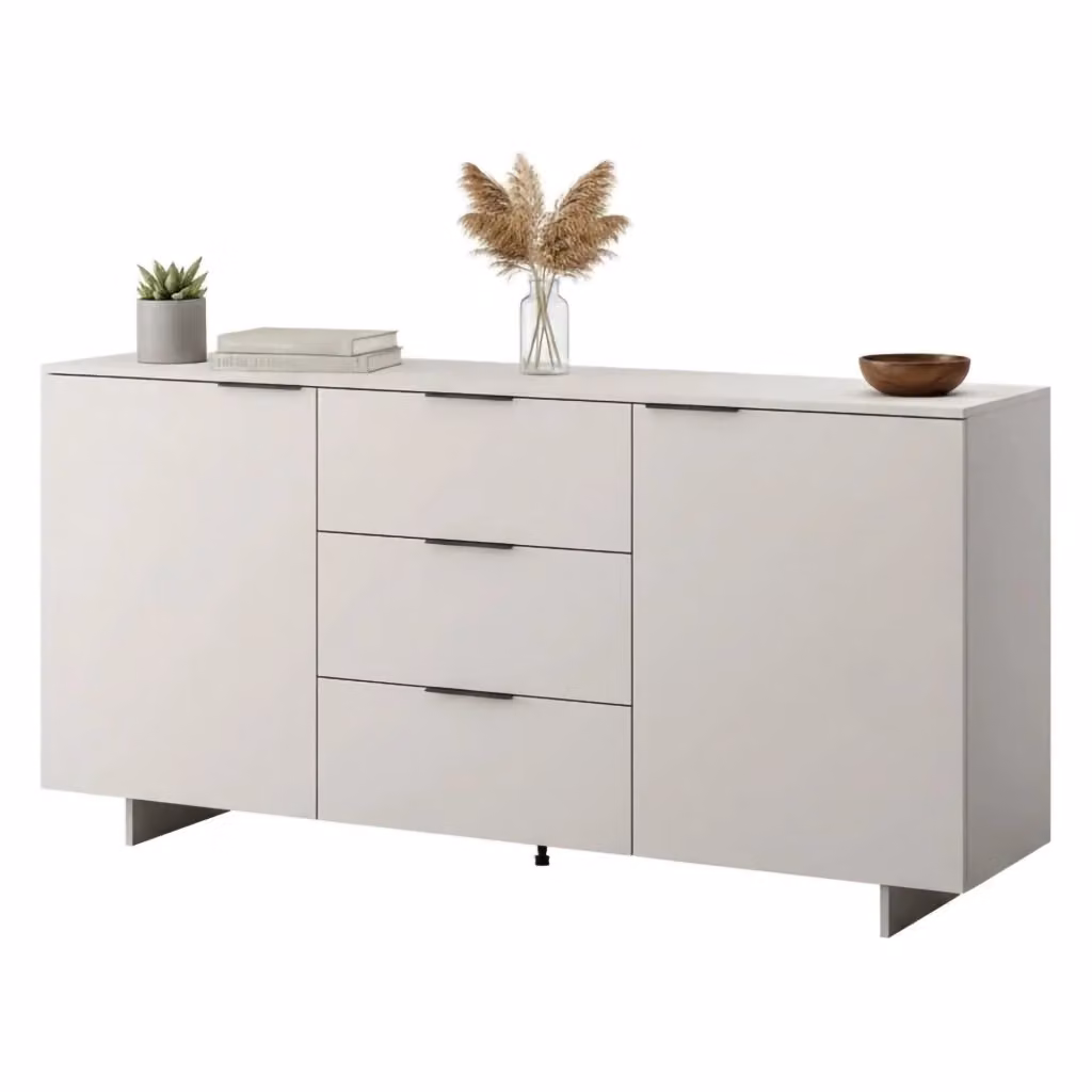 Credenza Neive DMORA, Madia da salotto con due ante battenti e tre cassetti, Beige, L: 180 cm, P: 42 cm, H: 90 cm – 2