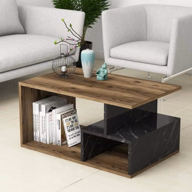 Tavolino da salotto moderno DMORA Calvera con 2 vani, marrone e grigio, L 90 cm x P 42 cm x H 54 cm