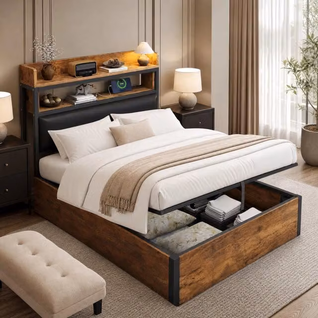 Letto singolo con contenitore Mivray nero con sollevamento idraulico, porta USB e testiera imbottita, L/P: 90 x 200 cm – 1