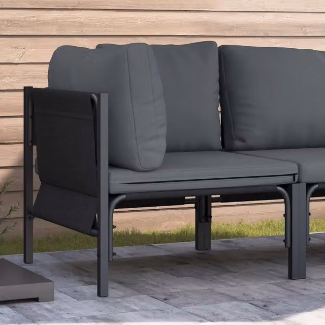 Divano da giardino moderno a L con struttura in metallo e cuscini in tessuto antracite, L/P/H: 80 x 80 x 71 cm – 1