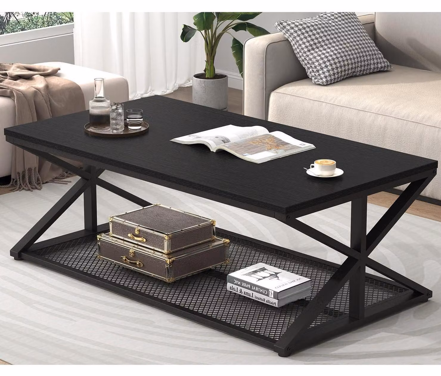 Tavolino da divano, 120 cm, nero, struttura in legno e metallo, con spazio contenitore e ripiano a rete