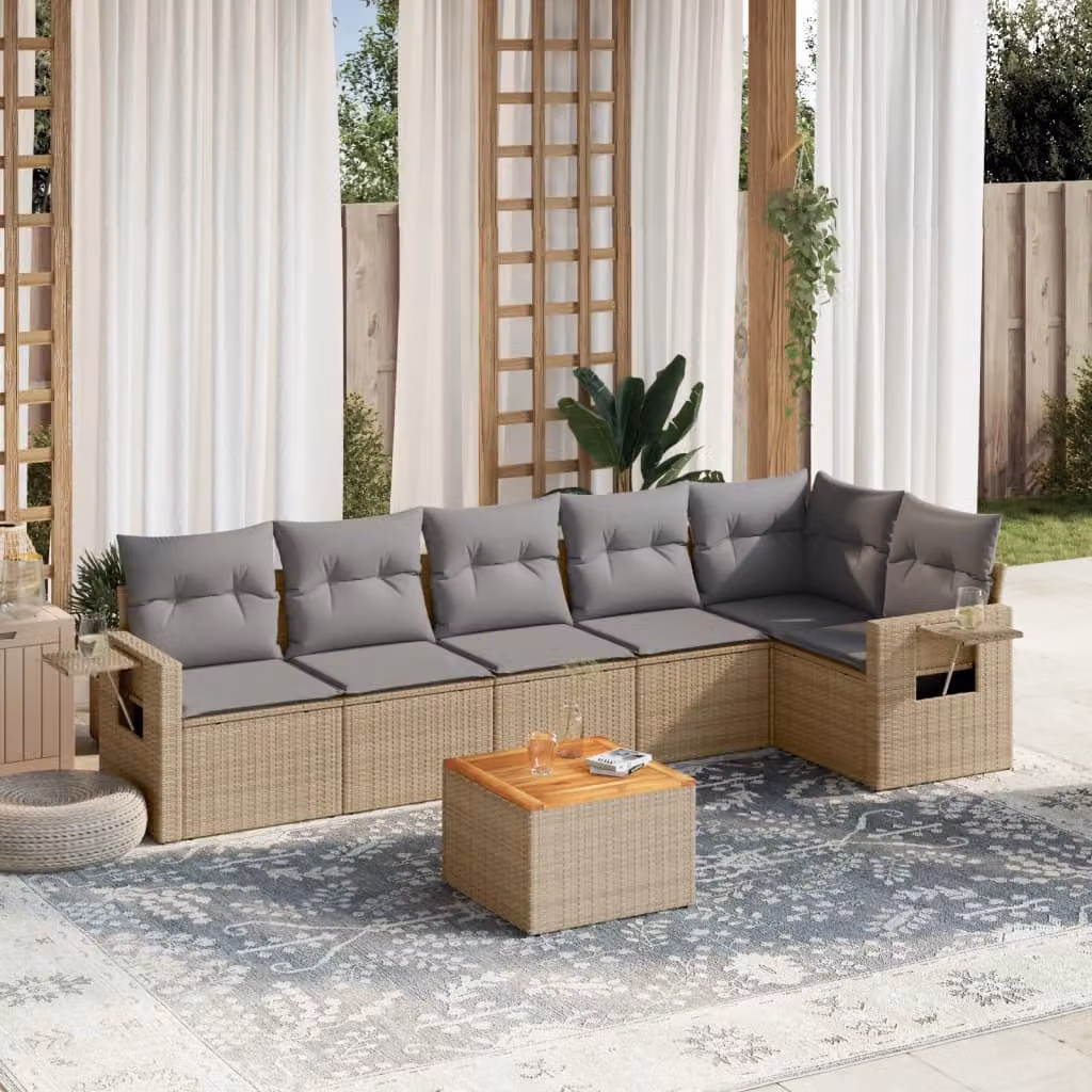 vidaXL Set Divani da Giardino 7 pz in Polyrattan con Cuscini Beige e Grigio e Tavolino da Esterno – 1