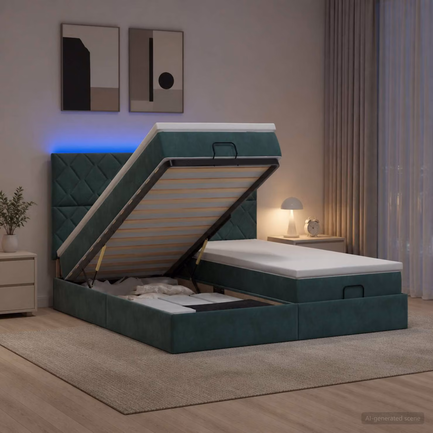 vidaXL Letto Ottomano con Materasso Ibrido e LED Verde Scuro L/P/H: 200 x 203 x 88 cm