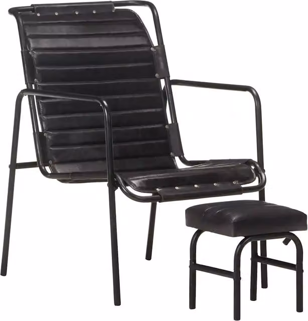 Poltrona Relax con Poggiapiedi in Vera Pelle Nera e Struttura in Metallo Design Vintage – 1