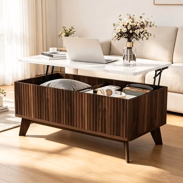 Tavolino da divano INONEFT con piano regolabile in altezza, tavolino moderno per il soggiorno con gambe in legno massello, tavolino multifunzionale, legno di noce e bianco
