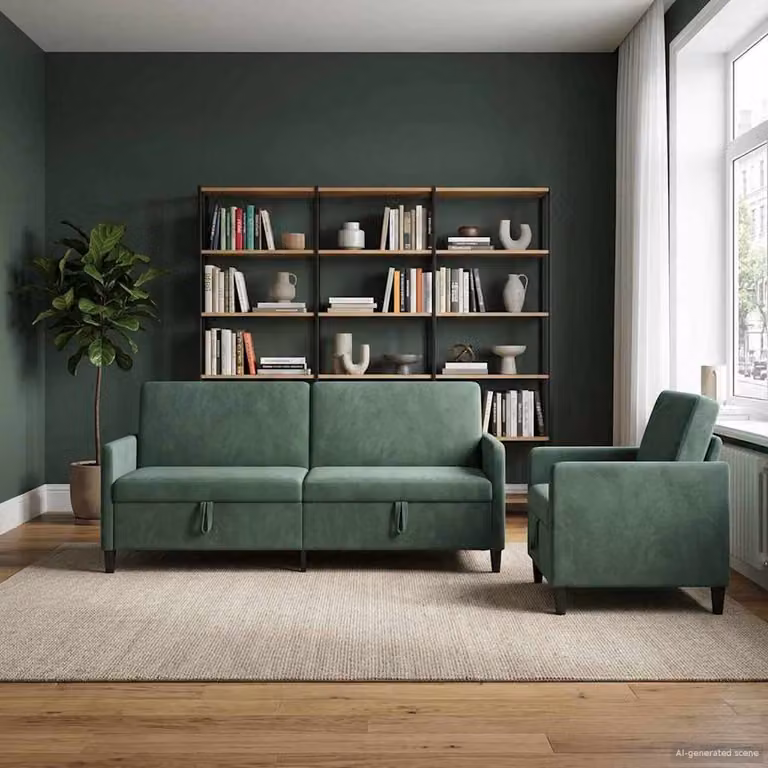 Set di 2 divani vidaXL con contenitore, rivestimento in tessuto verde mare e blu, design moderno per soggiorno