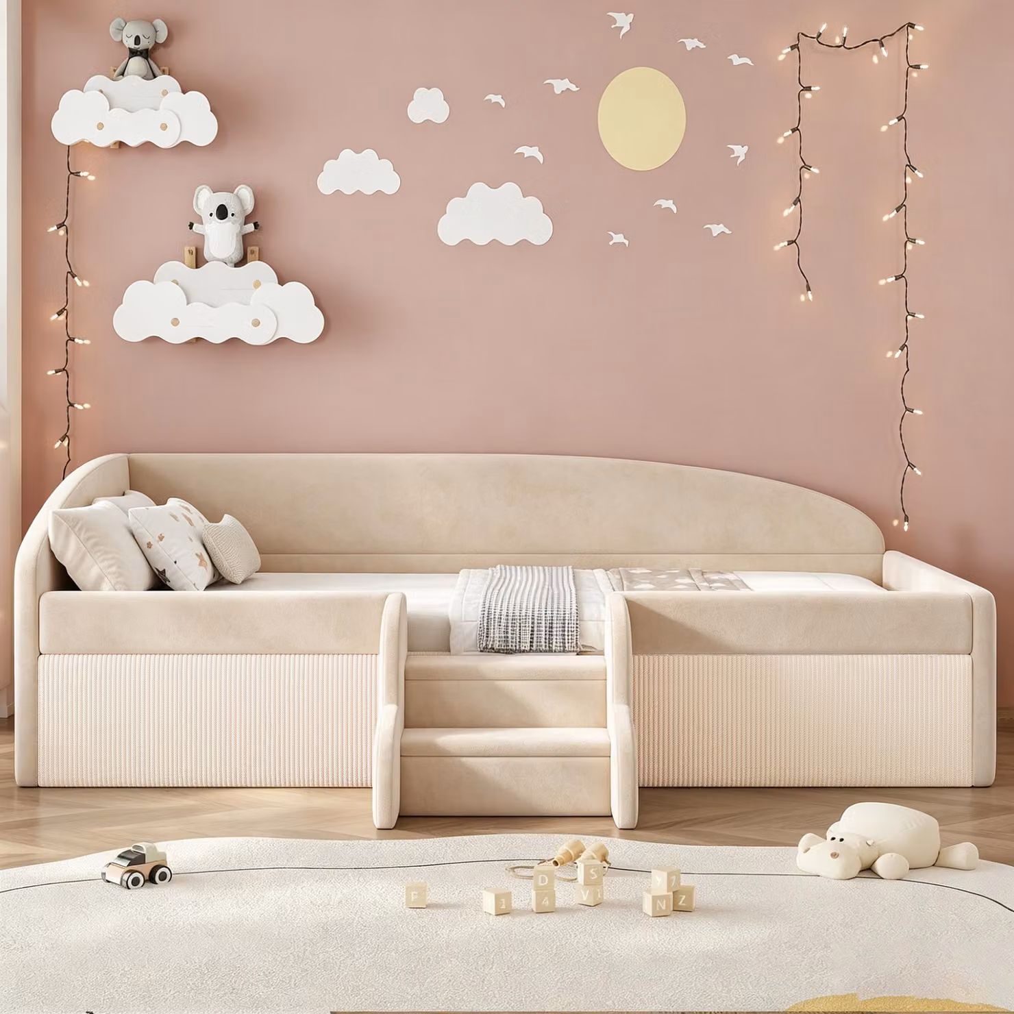 Letto per bambini MODFU, 90x190 cm, trasformabile in divano, imbottito in velluto, con sponde imbottite e protezioni laterali, design moderno, colore beige, senza materasso