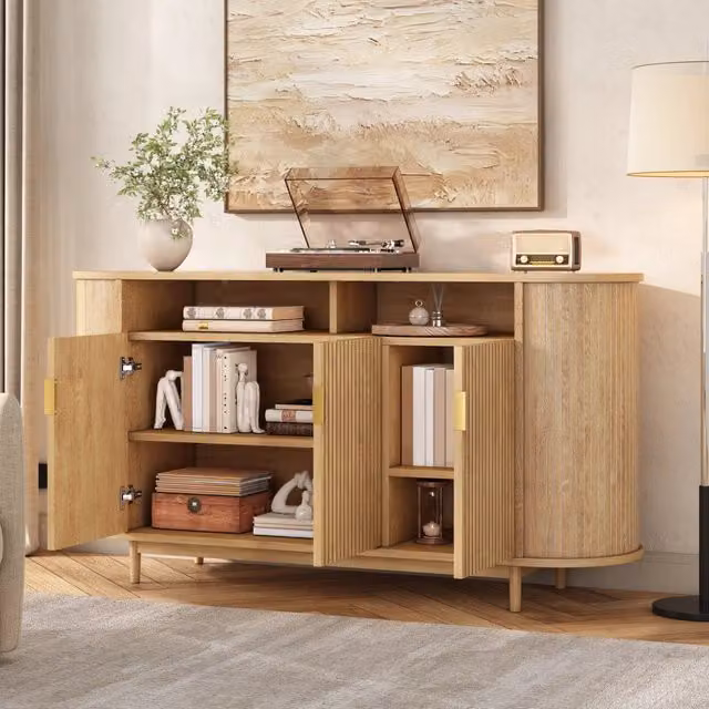 Madia da soggiorno con 3 ante e frontale a linee verticali in MDF e pannello truciolare naturale 140 × 40 × 78 cm