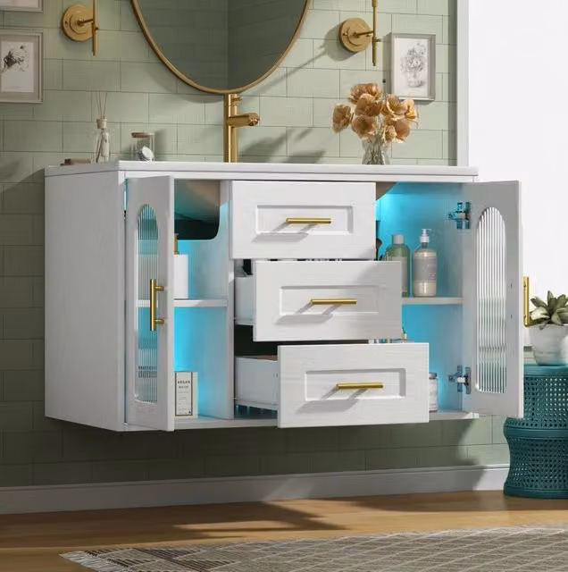 Mobile lavabo sospeso 76x46x55 cm in MDF e vetro bianco con LED, senza rubinetto –