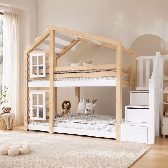 Letto a castello per bambini a forma di casetta sull'albero 90x200 cm in legno di pino naturale e MDF, con scala contenitore e protezione anticaduta, colore naturale e bianco