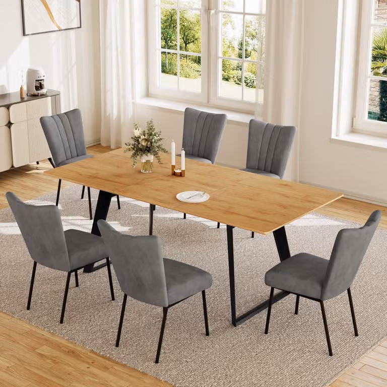 Set da pranzo con tavolo allungabile da 130-170 cm, completo di 6 sedie, con finitura effetto legno MDF, struttura in metallo grigio