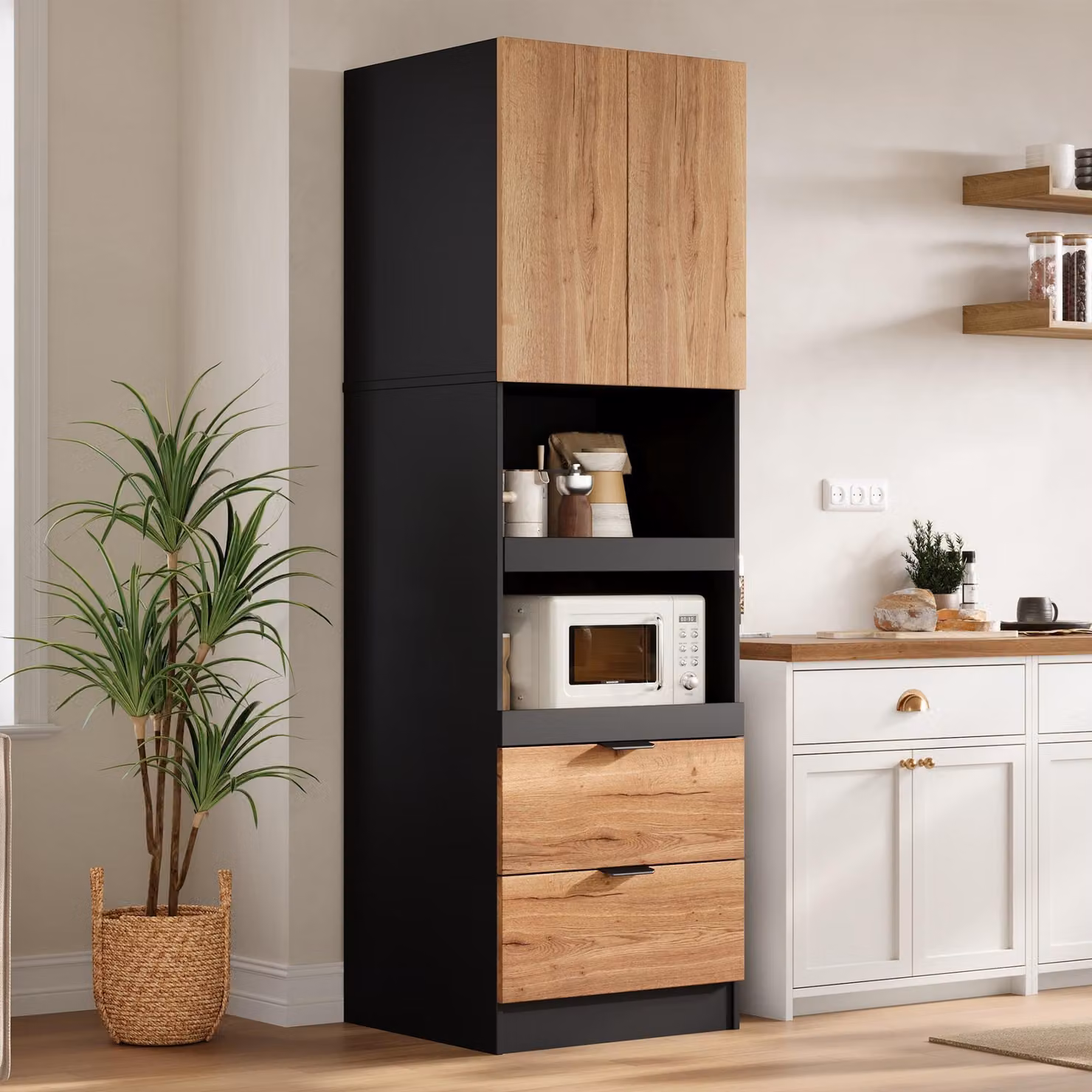 Armadietti da cucina con ante, pensili con cassetti e ripiani per microonde, credenze con sistema antiscivolo, 200 cm, nero e legno naturale, MDF