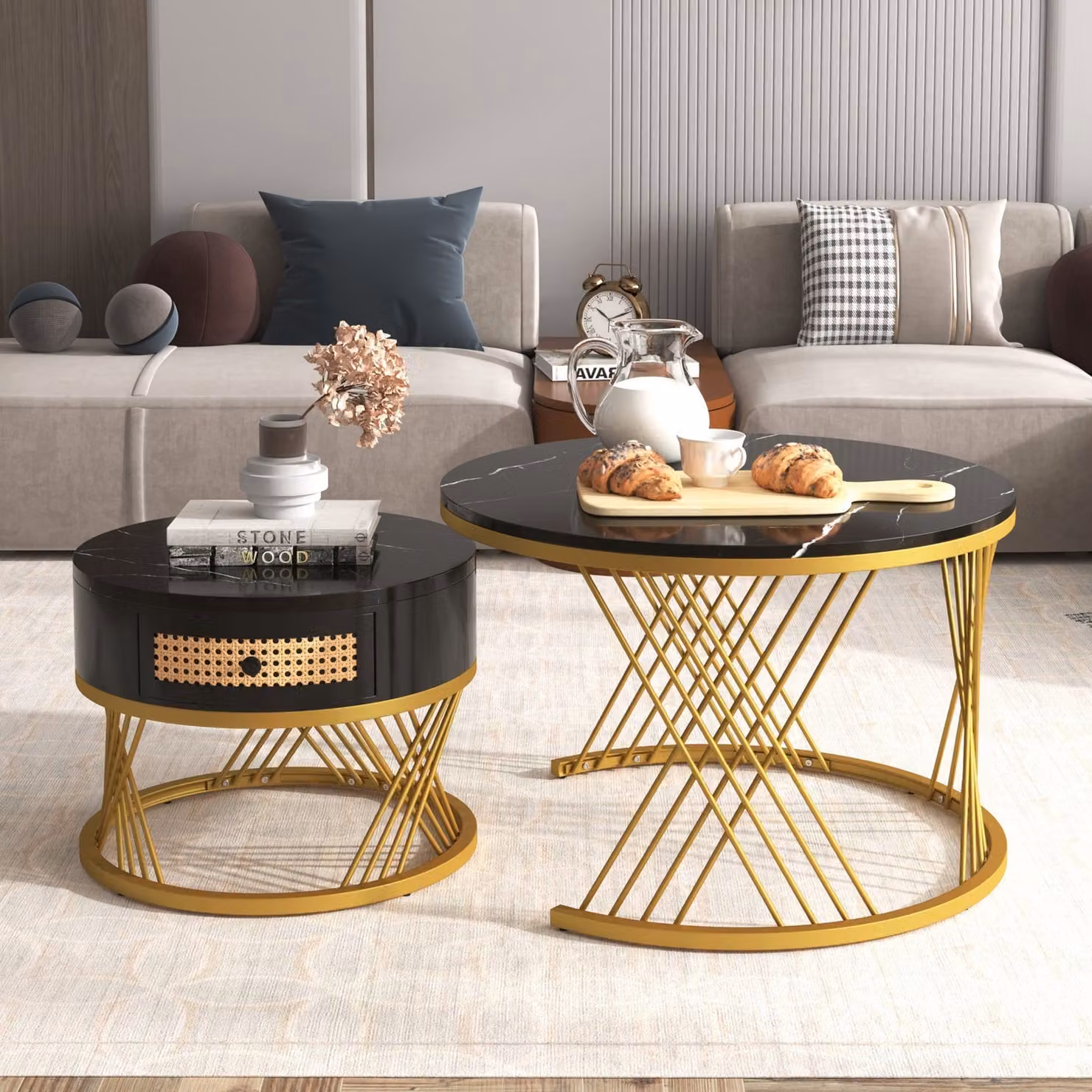 Set di 2 tavolini Tiema tavolino in marmo con ripiano rotondo Ø70 x 46 cm e Ø50 x 49 cm tavolino da salotto tavolino da divano motivo marmo struttura del tavolo in metallo nero