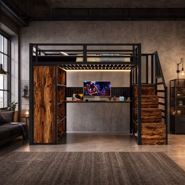 Desviae Letto a Soppalco Singolo con Scala Contenitore, Scrivania, Armadio e LED 90 × 200 cm, Senza Materasso