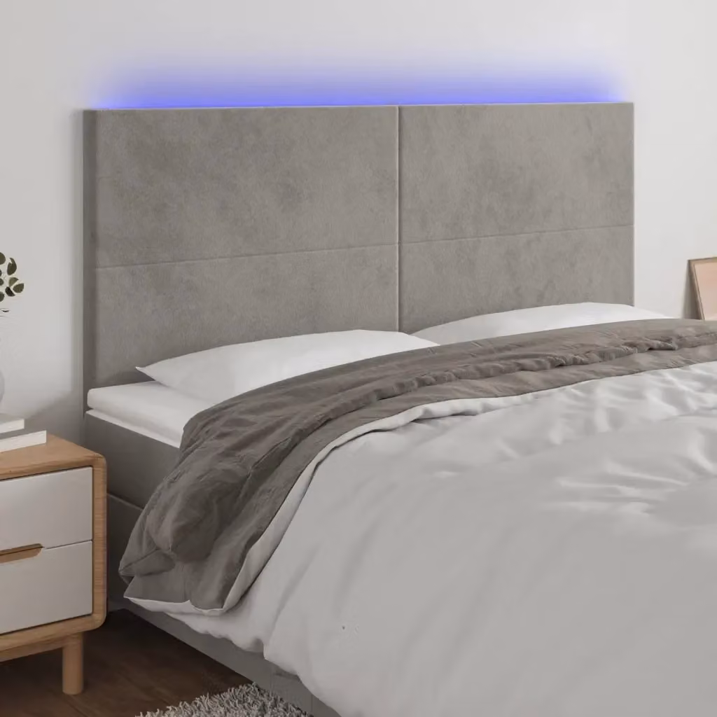 Testiera con illuminazione LED e porta di ricarica USB in velluto grigio chiaro L: 200 cm, P: 5 cm, H: 118/128 cm – 2