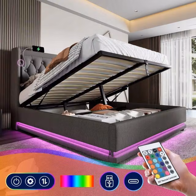 Letto imbottito 140x200 grigio - Xylo - Idraulico, LED, USB-C