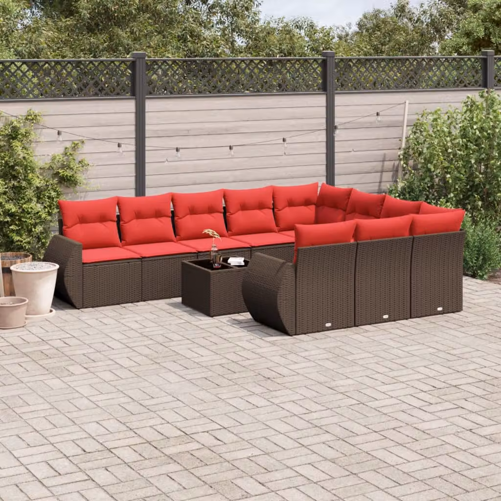 Set Divani da Giardino vidaXL 11 pz a Forma a L con Cuscini e Tavolino, Colore Marrone e Rosso, in Polyrattan e Metallo con Struttura in Acciaio Verniciato a Polvere