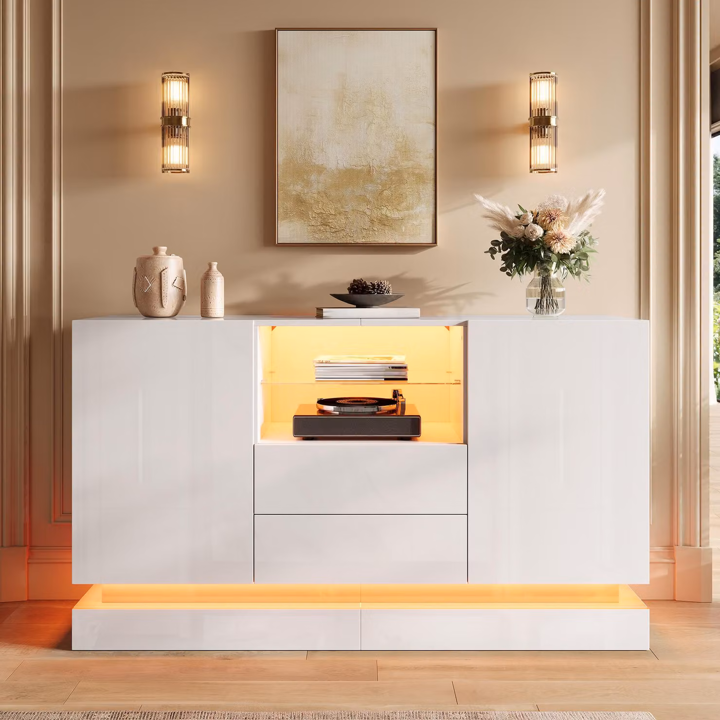Mobile bar/credenza Merax con finitura lucida, dotata di 2 ante e 2 cassetti, mobile contenitore con vano aperto e ripiano in vetro, armadio per il soggiorno con illuminazione a LED, colore bianco