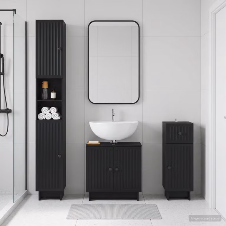Set di mobili da bagno moderni vidaXL EDE in 3 pezzi, colore nero opaco, con mobile sottolavabo, armadio alto e mobile laterale