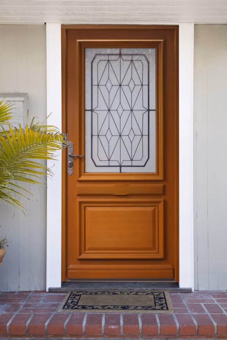 Porta d'ingresso in legno con vetro Anice, H.215xL.90 cm, lato pannello dritto, maniglia, cilindro, pulsante GD MENUISERIES