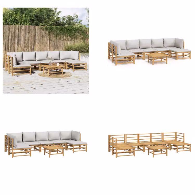 vidaXL 8 pezzi set salotto da giardino con cuscini grigio chiaro bambù - Set salotto da giardino - Set salotto da giardino - Set salotto - Set mobili da giardino