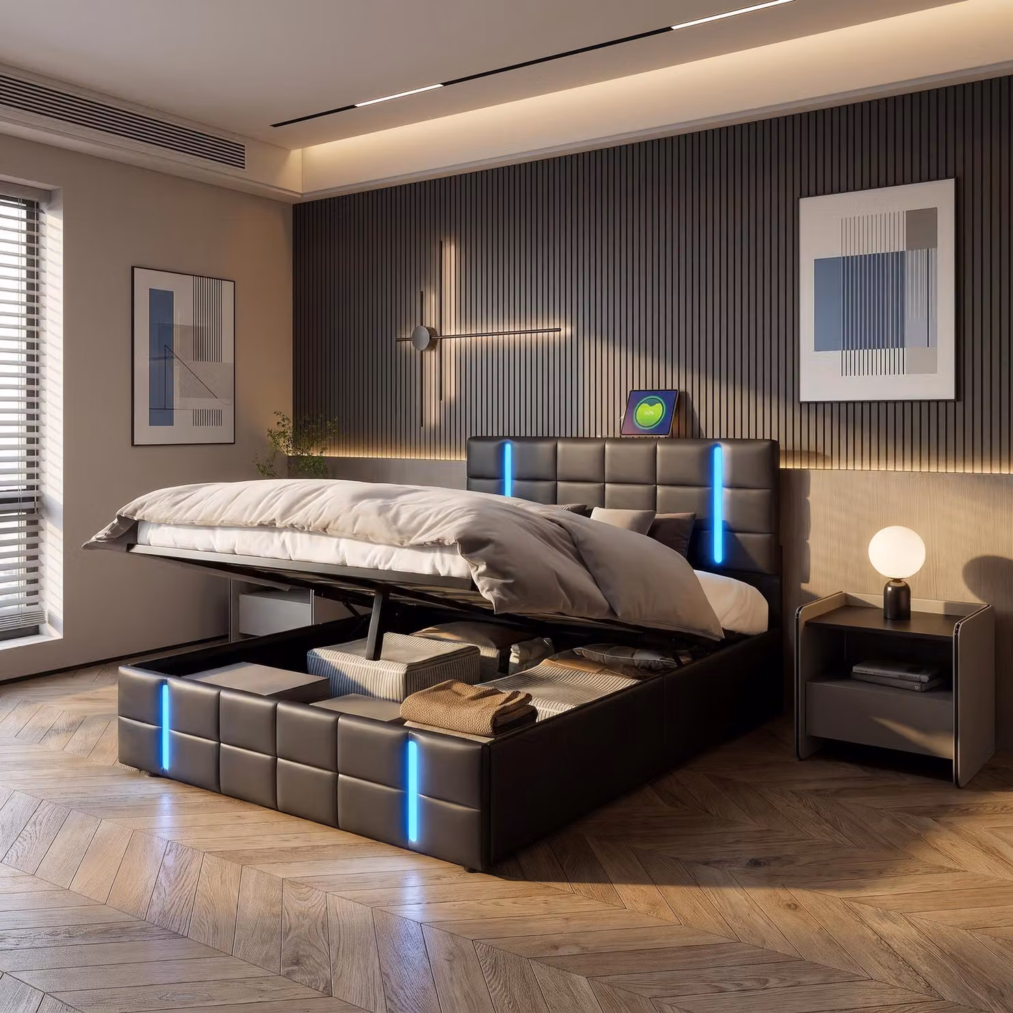Letto imbottito INONEFT 140x200 cm con USB, letto box con sistema a molle e spazio contenitore, letto per ragazzi con spazio contenitore, ecopelle, nero