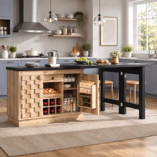 Isola cucina girevole 360° con tavolo estensibile e portabottiglie