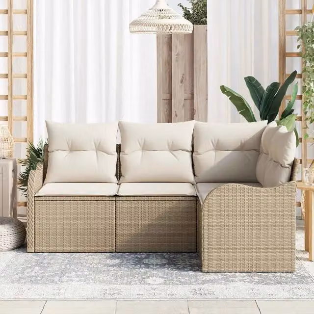 Set divano da giardino a L con contenitore vidaXL, 4 pezzi in polyrattan beige con cuscini inclusi