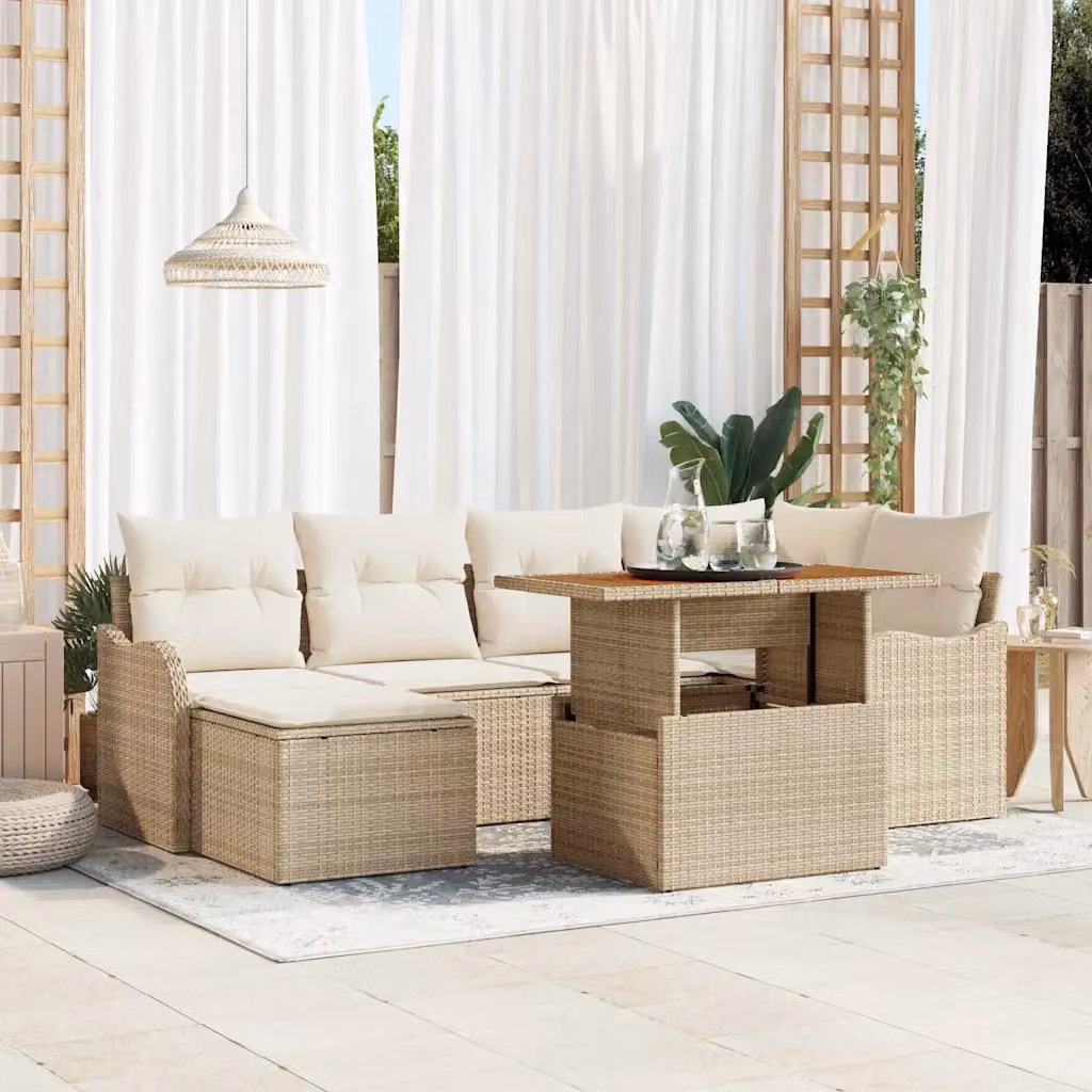 Set Divano da Giardino vidaXL 7 Pezzi Beige con Poltrona, Tavolino e Ottoman in Rattan e Metallo