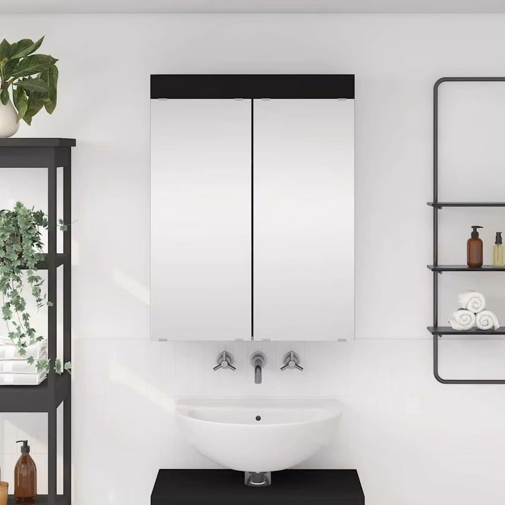Mobiletto per specchio da bagno vidaXL TULUM moderno nero con ripiani interni e ante a battente L/P/H: 60 x 16,5 x 78 cm