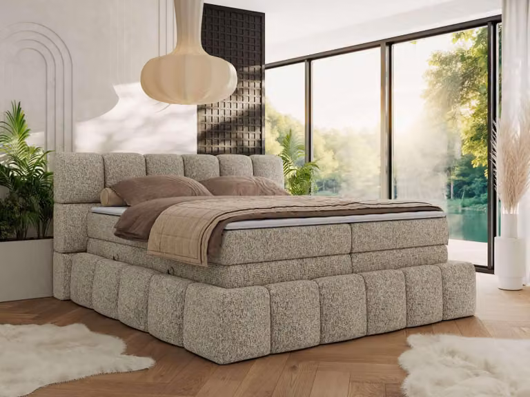 MKS MEBLE letto a molle 200 x 200 con contenitore NIRA KING, letto imbottito a 7 zone con materasso e topper, letto matrimoniale - struttura beige scuro - H4