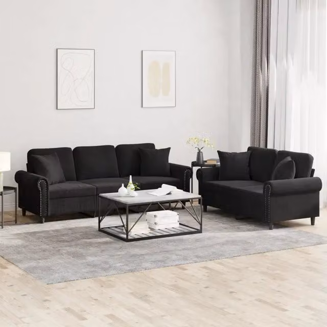 Set di 2 divani moderni vidaXL in velluto nero con cuscini per il tuo soggiorno – 1