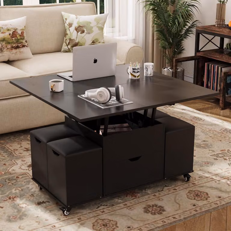Tavolino da caffè regolabile in altezza, completo di 4 sgabelli, colore nero