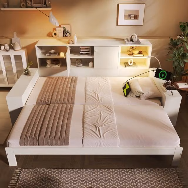 Letto Contenitore Singolo con Estraibile ¨C MINIMAL ¨C Bianco, Legno, 90x200, USB