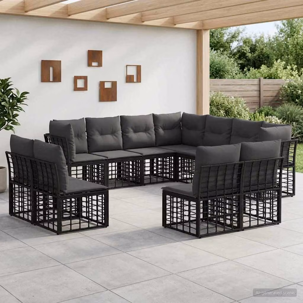 Set di divani da esterno a L vidaXL in polyrattan con cuscini in poliestere nero e grigio