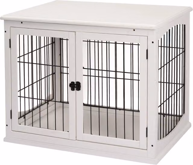 Casetta per cani da interno in legno, metallo e MDF, design moderno, colore bianco, L: 81 cm, P: 58,5 cm, H: 66 cm