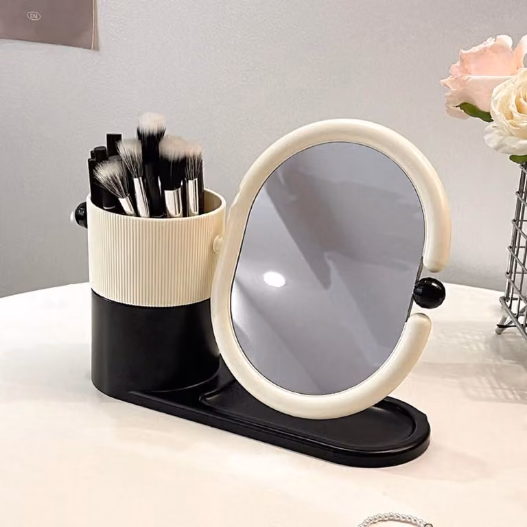 Specchio da trucco a doppio lato con contenitore portaoggetti - Nero e bianco