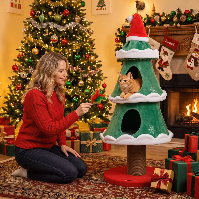 Albero tiragraffi per gatti Costway verde con 2 cucce e pali per graffiare a forma di albero di natale