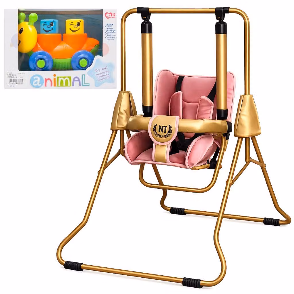 Altalena per bambini autoportante 3 in 1 ADBOR N1 Gold – adatta sia per l'esterno che per l'interno, con funzione di sdraio, colore rosa e oro