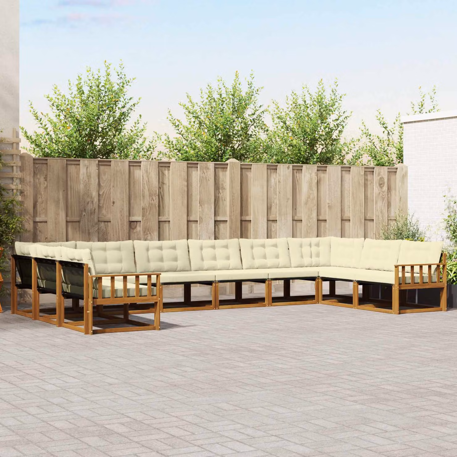Set di divani da esterno vidaXL a forma di U composto da 10 pezzi in legno di acacia con cuscini rimovibili, Colore: Beige, Bianco e Marrone