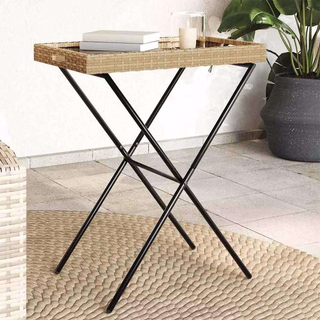 vidaXL Tavolino Vassoio Pieghevole in Polyrattan Beige L: 65 cm, P: 40 cm, H: 75 cm