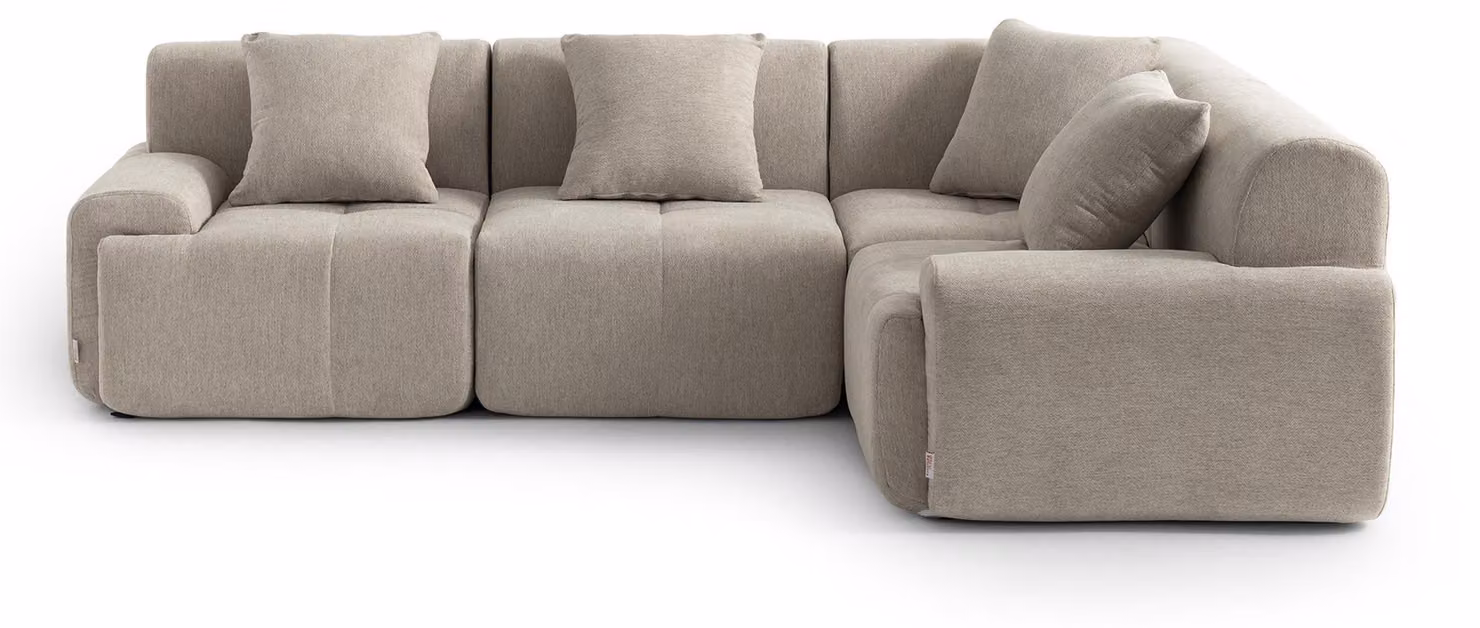 DIVANO ANGOLARE MODULARE MILYSOFA SOFAMOUS, 4 posti, con chaise longue, rivestito in tessuto di ciniglia color sabbia