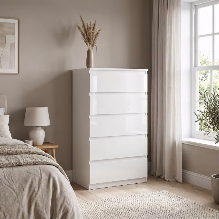 Comodà Masseno NUDO da 70 cm con 5 cassetti e ante, per soggiorno e camera da letto, stile moderno, 70x39x124,5 cm, bianco / bianco