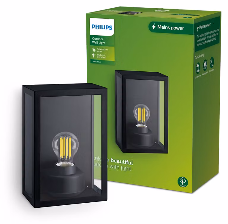 Lampada da parete per esterni ALZOR E27 IP44 nero Philips