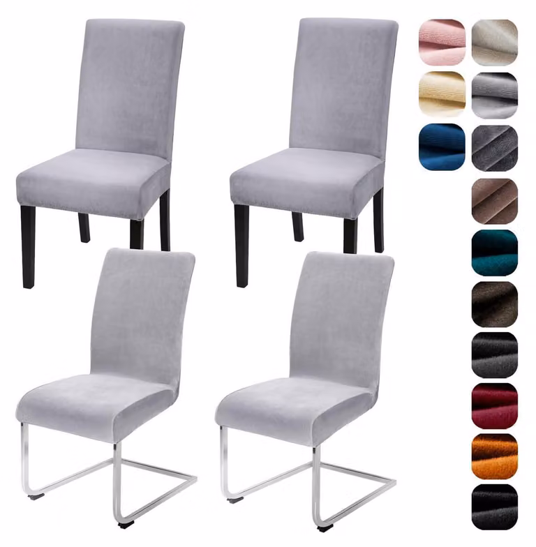 Copri-sedie, set da 4, in tessuto elasticizzato, velluto, modello a schienale curvo, lavabili, color argento-grigio