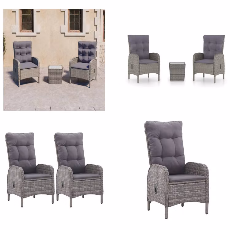 vidaXL 3 pezzi. Set da bistrot in rattan e vetro grigio - Set da bistrot - Set da bistrot - Set da bistrot - Set da bistrot - Set da bistrot